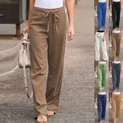 2025 Women's Summer European & American Pants - Elastic-Waist Solid Color Cotton-Linen Wide-Leg Trousers, Breathable Loose Fit