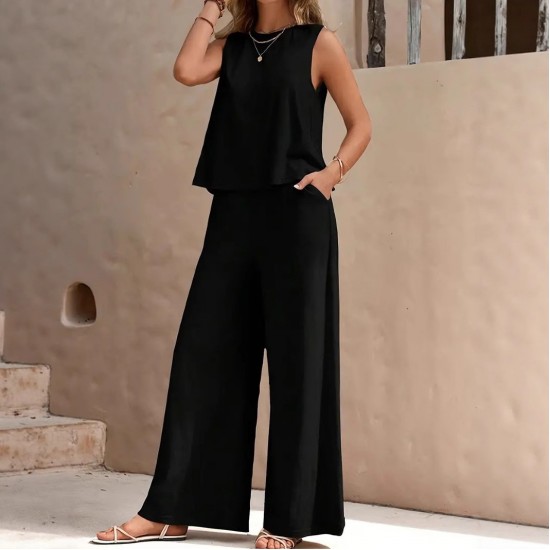 2025 European & American Solid Color Elegant 2-Piece Set - Crew Neck Tank Top & Wide-Leg Pants for Women