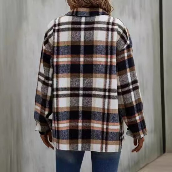European & American Autumn Winter Women's New Plaid/Striped Coat - Wool Blend Single-Breasted Jacket with Pockets