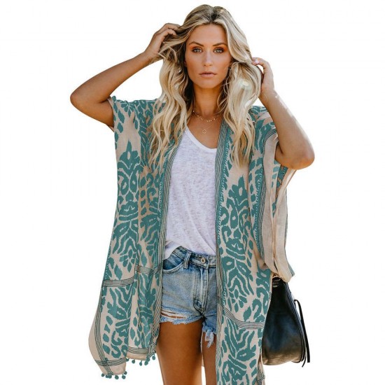 2025 European & American Bali-Style Beach Vacation Cardigan - Short-Sleeve Printed Pom-Pom Kimono Cover-Up, Mid-Length Women's Outerwear