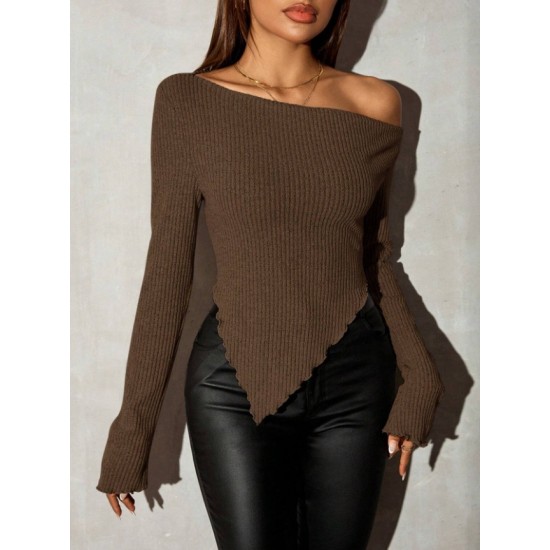 2025 New Autumn Women's Off-the-Shoulder Slim-Fit Pullover T-Shirt - Asymmetrical Collar & Irregular Hem Long-Sleeve