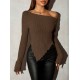 2025 New Autumn Women's Off-the-Shoulder Slim-Fit Pullover T-Shirt - Asymmetrical Collar & Irregular Hem Long-Sleeve