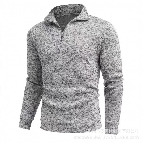 2025 European & American Winter New Men's Polo Shirt - Soft Solid Color Zip-Up Lapel Base Layer Top
