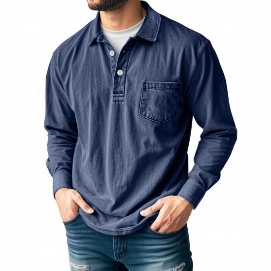 2025 European & American New Men's American Retro 100% Cotton Washed Distressed Long-Sleeve Polo Shirt