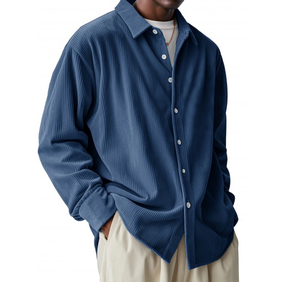 Men's European Size Corduroy Shirt - Loose Trendy Long-Sleeve Solid Color Collared Button-Down