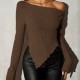 2025 New Autumn Women's Off-the-Shoulder Slim-Fit Pullover T-Shirt - Asymmetrical Collar & Irregular Hem Long-Sleeve