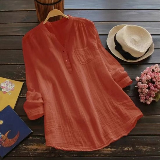 2025 Hot-Selling Plus Size Slub Cotton Long-Sleeve Shirt - Women's European & American Loose Multi-Color Top