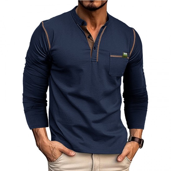 2025 Autumn Winter European & American Men's Long-Sleeve Tee - Henley Style Color-Block Top