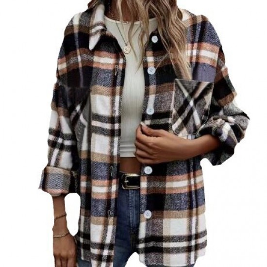European & American Autumn Winter Women's New Plaid/Striped Coat - Wool Blend Single-Breasted Jacket with Pockets