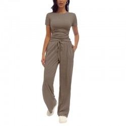 2025 European & American Fashion Casual Set - Kim Kardashian Inspired Ruched Short-Sleeve Top & Pants 2-Piece Outfit