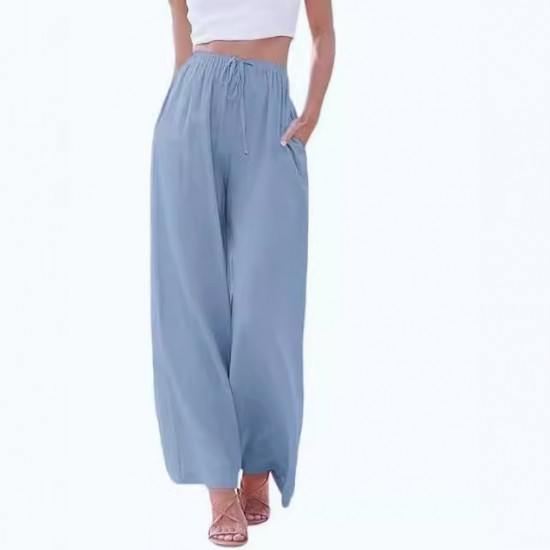 2025 European & American Sized Women's Linen Pants - Loose Casual Wide-Leg Pants with Pockets & Drawstring