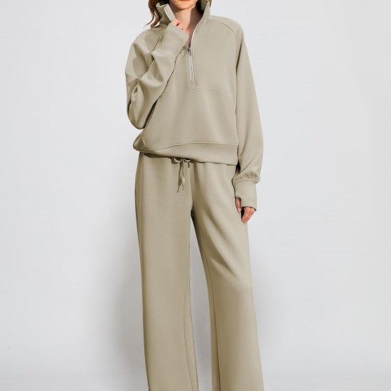 European & American Women's 2-Piece Tracksuit - Zipper Sweatshirt & Wide-Leg Sweatpants, Casual Outfit