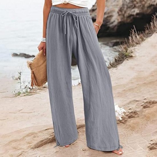 2025 Summer TEMU European & American Women's New Pants - Cotton-Linen Wide-Leg Drawstring Beach/Casual Trousers