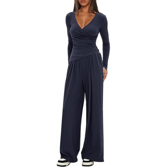 Solid Color 2-Piece Casual Set - Warp-Knit V-Neck Long-Sleeve Top & Wide-Leg Pants, Sporty Matching Outfit