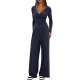 Solid Color 2-Piece Casual Set - Warp-Knit V-Neck Long-Sleeve Top & Wide-Leg Pants, Sporty Matching Outfit