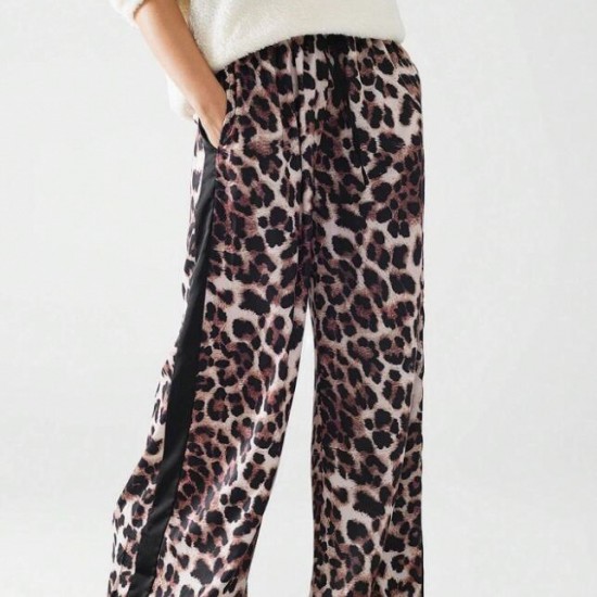 2025 European & American Casual Women's Pants - Influencer Inspired Leopard Print Paneled Wide-Leg Trousers