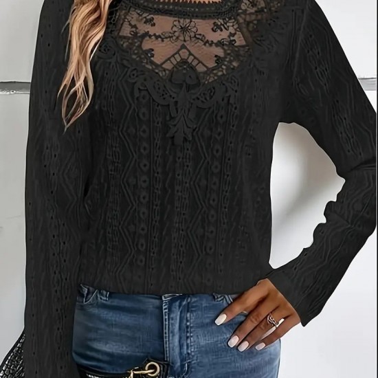 AliExpress Summer New Elegant Solid Color Lace Panel Hollow-Out Long-Sleeve Tee - Black