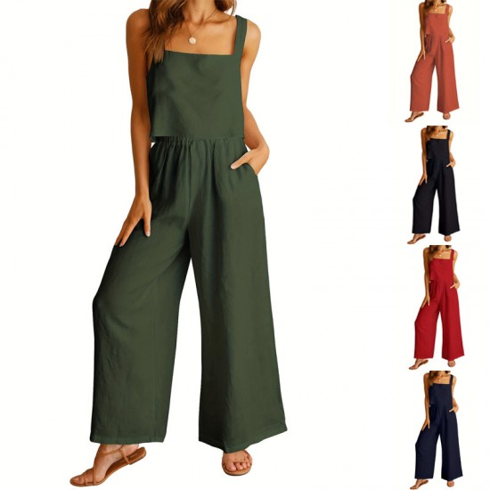 2025 New European & American Women's 2-Piece Set - Square Neck Sleeveless Camisole & Wide-Leg Pants Casual Outfit
