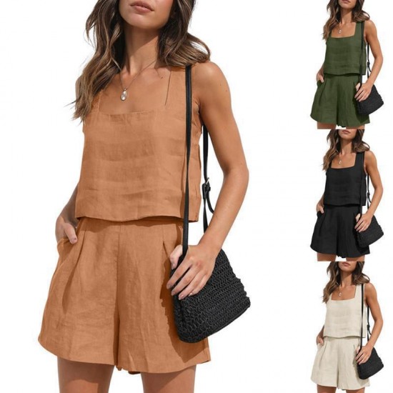2025 New European & American Women's 2-Piece Casual Set - Linen Shorts & Sleeveless Tank Top