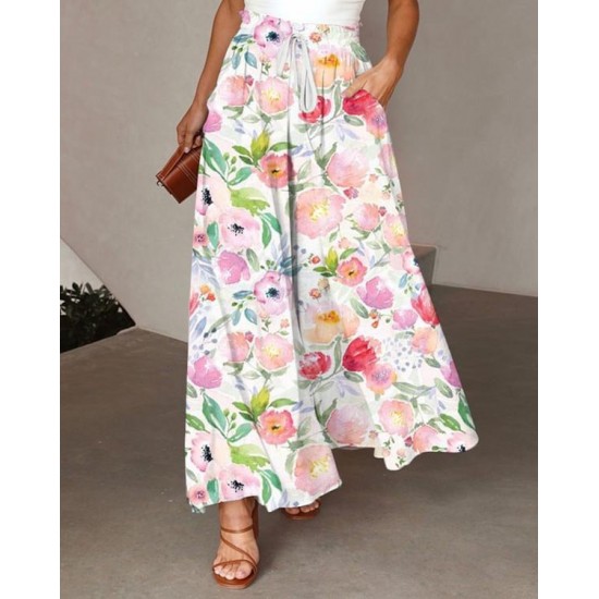 2025 Summer New European & American Women's Casual Printed Midi Skirt