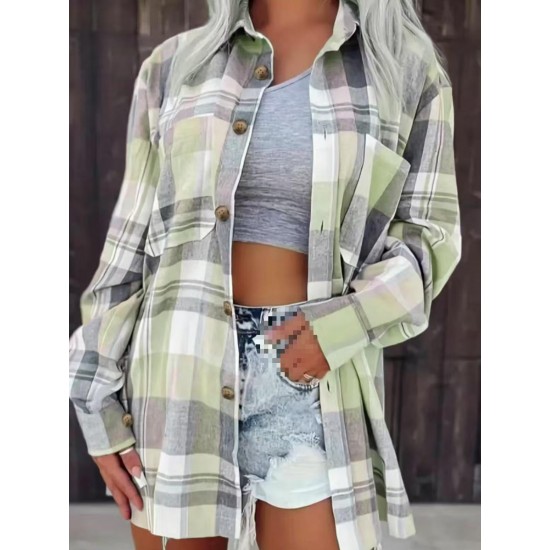 2025 European & American Women's Independent Station Plaid Shirt Jacket - Casual Versatile Mid-Length Outerwear