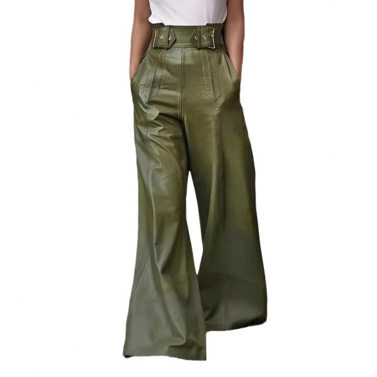 2025 New Fashion Leather Pants - High-Waisted Loose Pocket Drawstring PU Leather Flare Pants, Casual Long Trousers