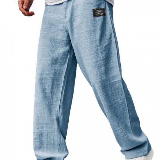 Men's Casual Cotton-Linen Pants - Embroidered Logo, Drawstring Elastic Waist with Pockets, Gray & White