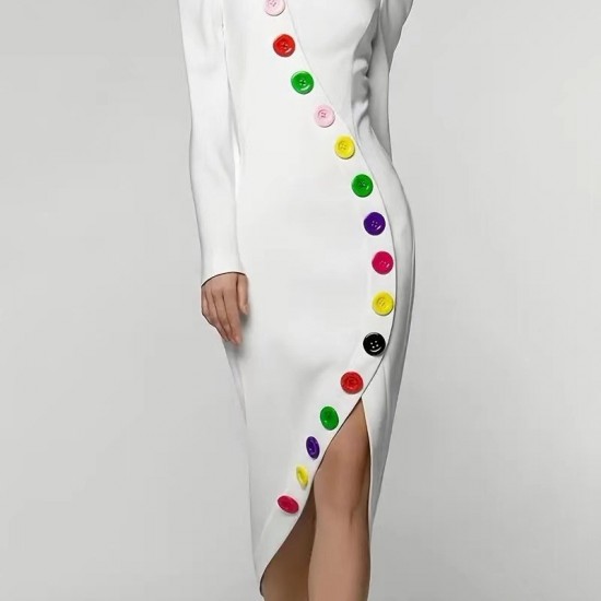 2025 Women's Button-Detail Irregular Slim-Fit Long-Sleeve Dress - High-Slit Elegant Maxi Dress (White)