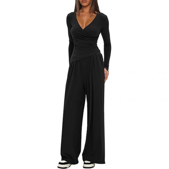 Solid Color 2-Piece Casual Set - Warp-Knit V-Neck Long-Sleeve Top & Wide-Leg Pants, Sporty Matching Outfit