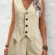 2025 New Women's Elegant Office Two-Piece Set - V-Neck Button-Accent Vest & Shorts