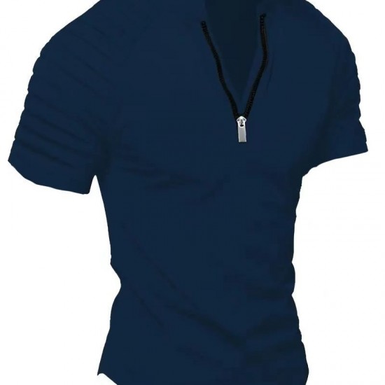 2025 European & American Men's INS Summer Casual Polo Shirt - Zip-Detail Pleated Sports Polo