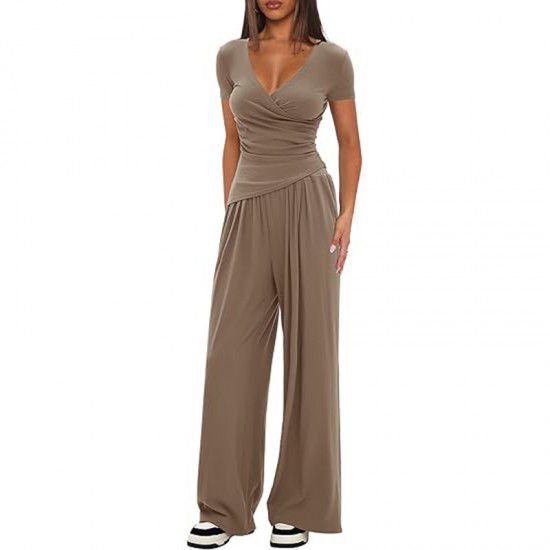 Solid Color 2-Piece Casual Set - Warp-Knit V-Neck Short-Sleeve Top & Wide-Leg Pants, Sporty Matching Outfit