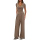 Solid Color 2-Piece Casual Set - Warp-Knit V-Neck Short-Sleeve Top & Wide-Leg Pants, Sporty Matching Outfit