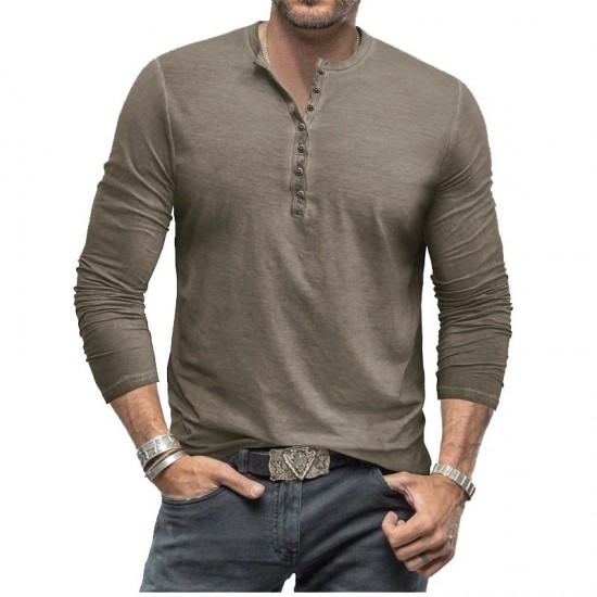 Men's Tie-Dye Henley Slim Retro Long-Sleeve T-Shirt - Button Washed Distressed V-Neck Tee