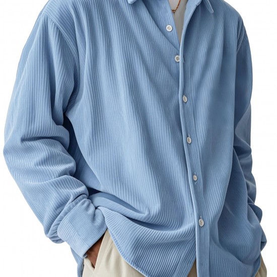 Men's European Size Corduroy Shirt - Loose Trendy Long-Sleeve Solid Color Collared Button-Down