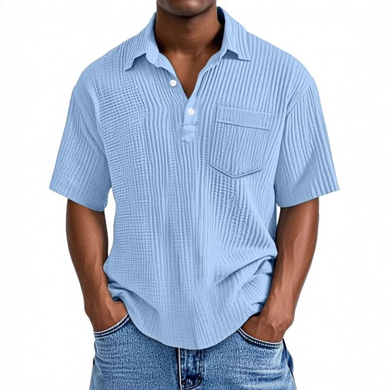 2025 European & American Men's Waffle Knit Polo Shirt - Lapel Short-Sleeve Pullover Casual Button-Down T-Shirt