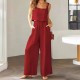 2025 New European & American Women's 2-Piece Set - Square Neck Sleeveless Camisole & Wide-Leg Pants Casual Outfit