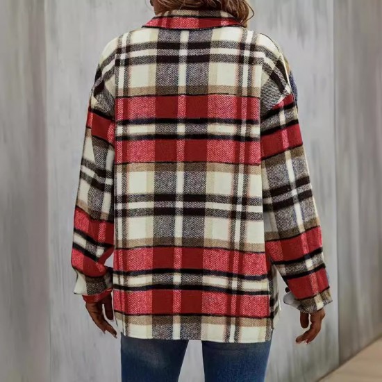 European & American Autumn Winter Women's New Plaid/Striped Coat - Wool Blend Single-Breasted Jacket with Pockets