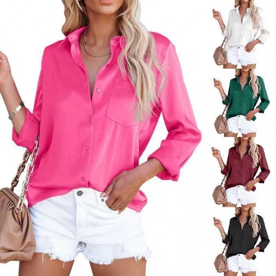 In-Stock European & American Women's 2025 Spring New Shirt - Satin Long-Sleeve V-Neck Office Business Blouse