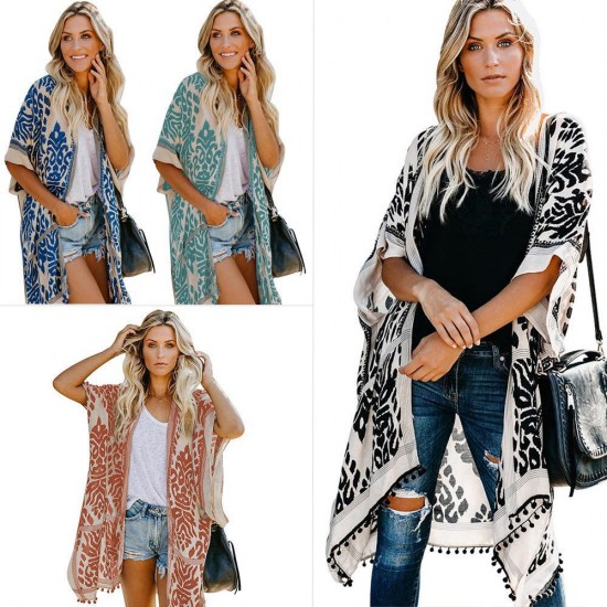 2025 European & American Bali-Style Beach Vacation Cardigan - Short-Sleeve Printed Pom-Pom Kimono Cover-Up, Mid-Length Women's Outerwear