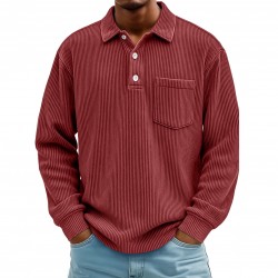 2025 New European & American Autumn Men's Corduroy Henley Shirt - Solid Color Casual Long-Sleeve Button-Up for Youth