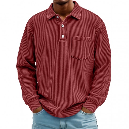 2025 New European & American Autumn Men's Corduroy Henley Shirt - Solid Color Casual Long-Sleeve Button-Up for Youth