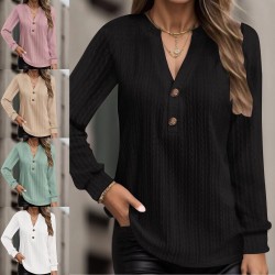 2025 European & American Autumn & Winter New Women's Long-Sleeve T-Shirt - Solid Color V-Neck Button-Down Top (Independent Station)