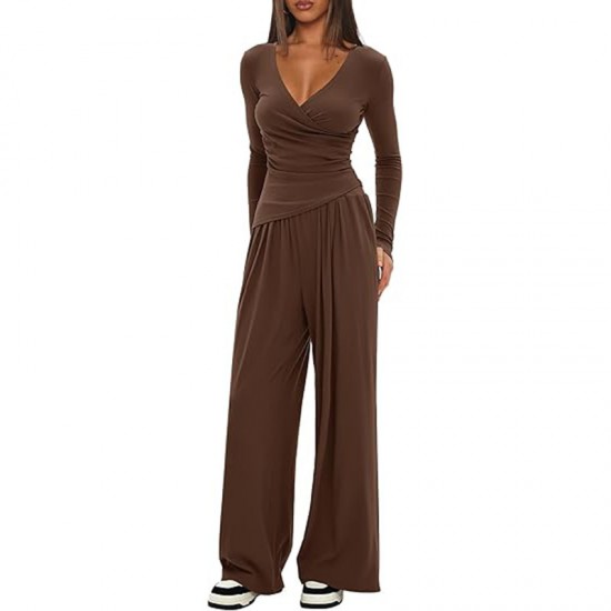Solid Color 2-Piece Casual Set - Warp-Knit V-Neck Long-Sleeve Top & Wide-Leg Pants, Sporty Matching Outfit