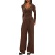 Solid Color 2-Piece Casual Set - Warp-Knit V-Neck Long-Sleeve Top & Wide-Leg Pants, Sporty Matching Outfit