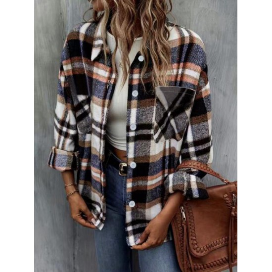 European & American Autumn Winter Women's New Plaid/Striped Coat - Wool Blend Single-Breasted Jacket with Pockets