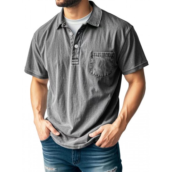 2025 Independent Station Men's 100% Cotton Casual Versatile Retro Short-Sleeve Button Collared T-Shirt
