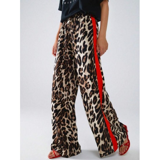 2025 European & American Casual Women's Pants - Influencer Inspired Leopard Print Paneled Wide-Leg Trousers