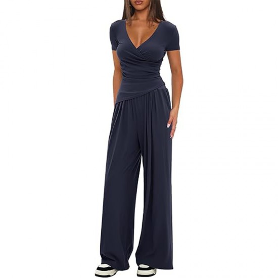 Solid Color 2-Piece Casual Set - Warp-Knit V-Neck Short-Sleeve Top & Wide-Leg Pants, Sporty Matching Outfit