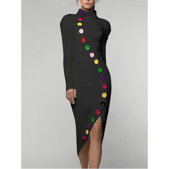 2025 Women's Button-Detail Irregular Slim-Fit Long-Sleeve Dress - High-Slit Elegant Maxi Dress (White)